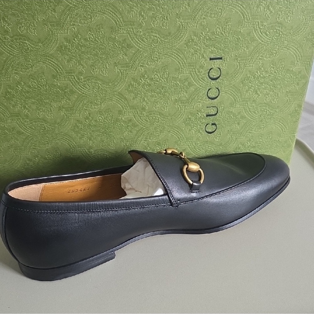 Gucci Black Leather Loafers with Gold Horse-Bit Accent Sz 10.5 - Picture 5 of 6